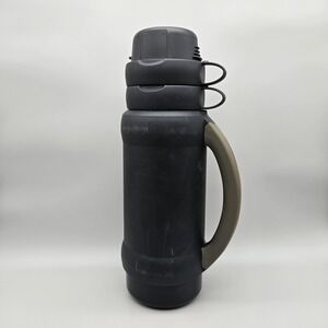 Vintage Thermos 1L Add-A-Cup Vacuum Bottle Black with Stash Top Stopper & 2 Cups